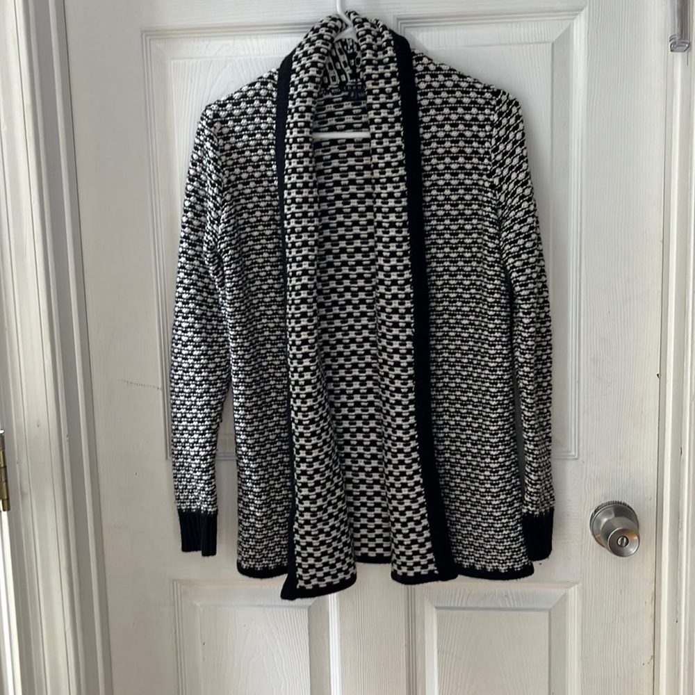 Theory - Black & White Chunky Knit Open-Front Cardigan